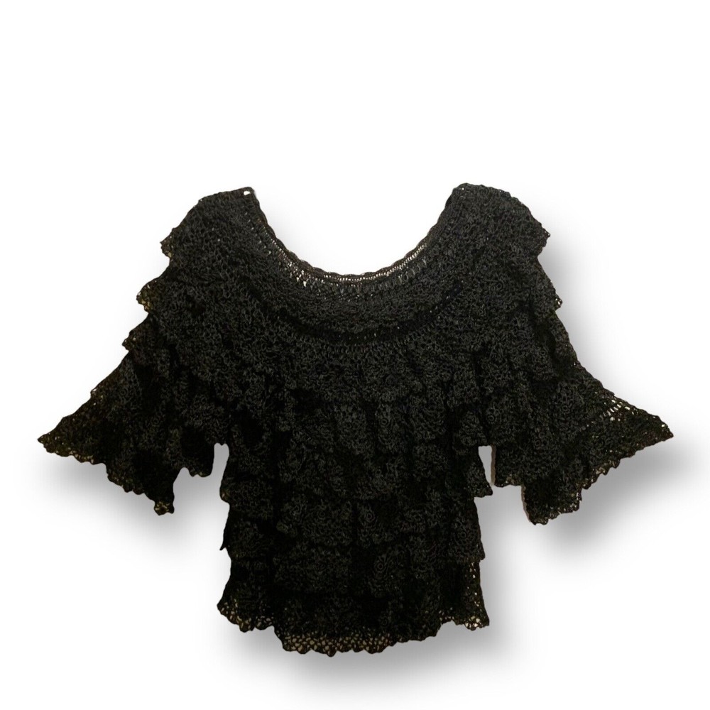 Medium Black Crochet Layered Tiered Blouse Y2K 90s Salsa Ruffled Boho Sexy Sheer